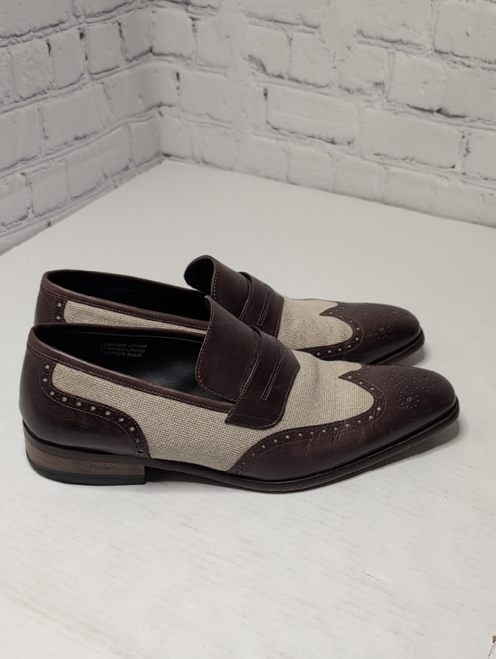 Paul Fredrick Wingtip Brown and Beige Leather-Canvas Penny Loafers EU 43 US 10